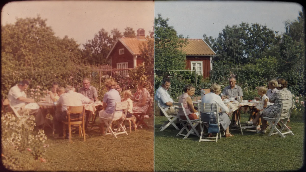 Samma Super 8-bild i två versioner: blekare till vänster, mer bearbetad till höger