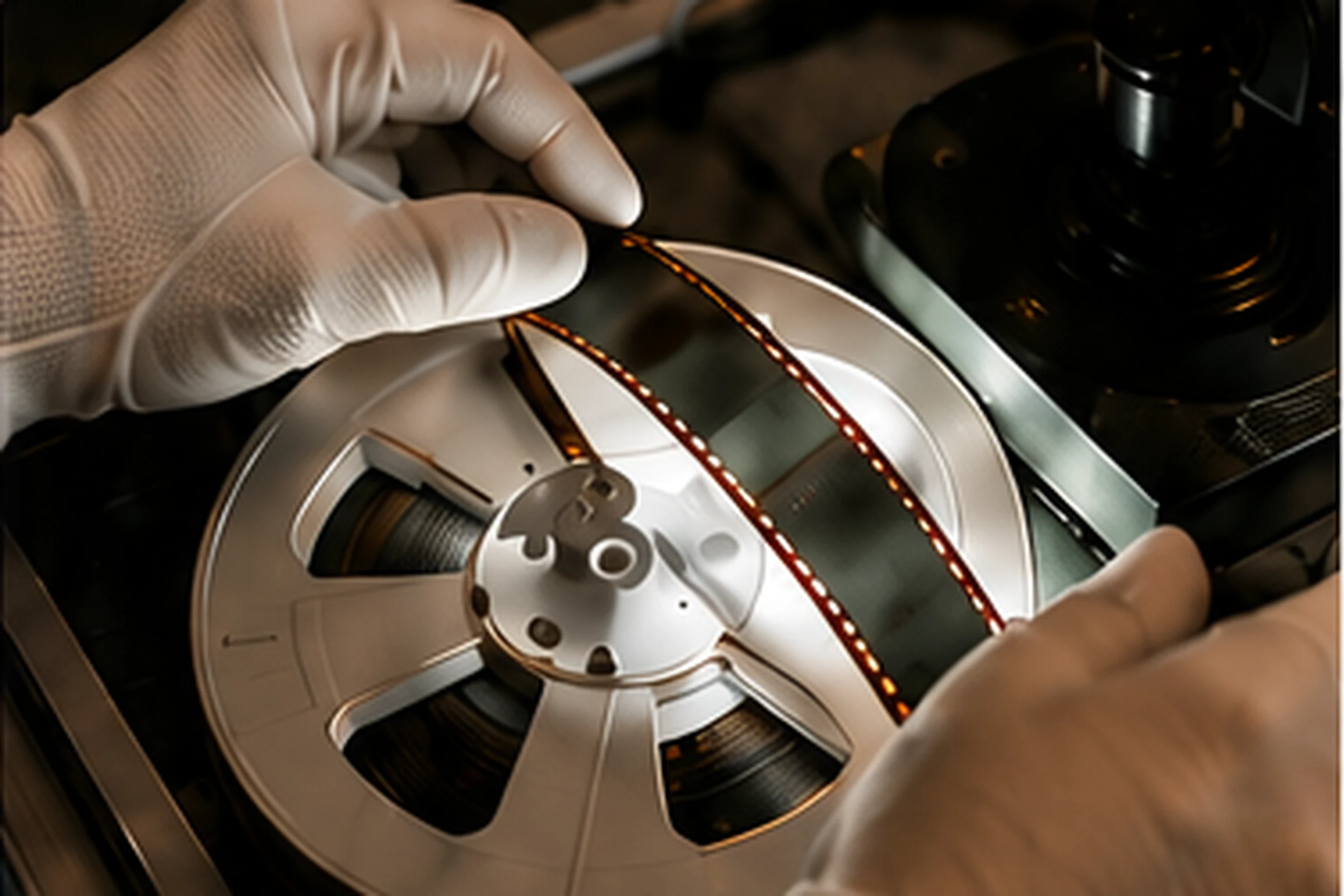 Händer med vita handskar hanterar en filmrulle vid digitalisering.