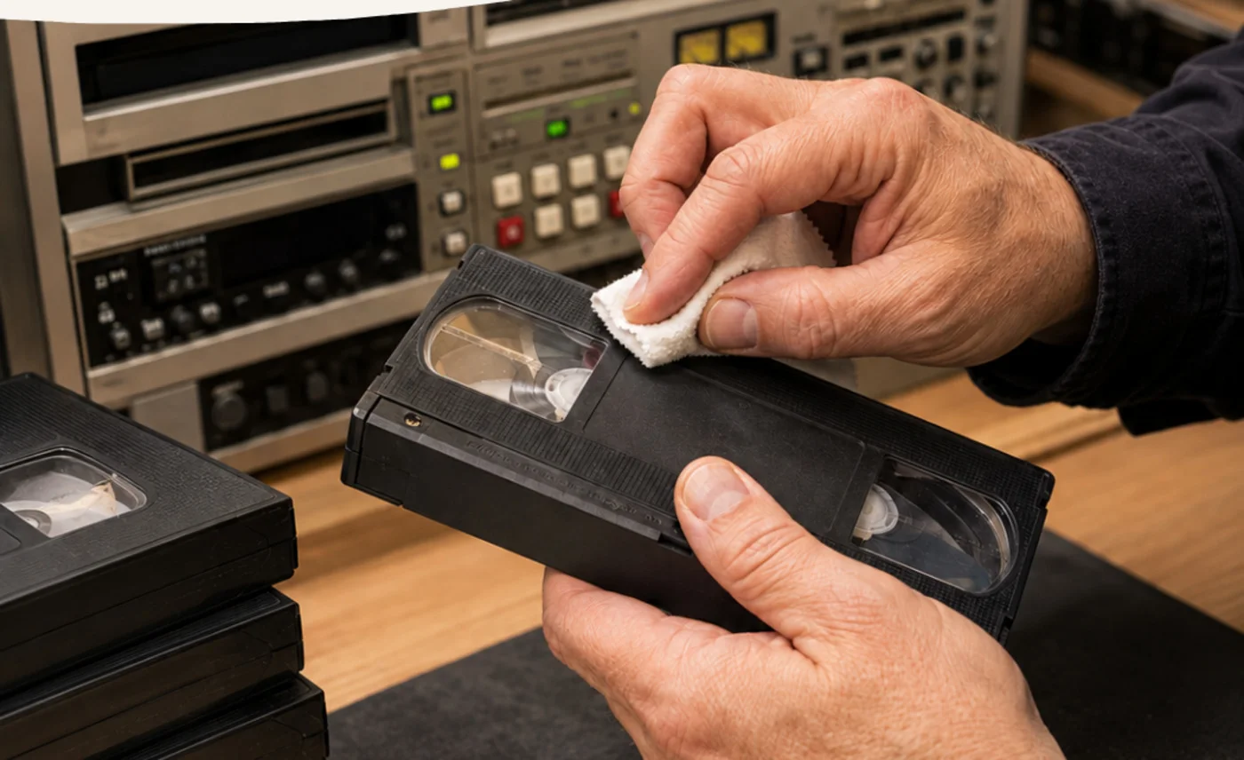 Händer som rengör ett VHS-band i verkstaden