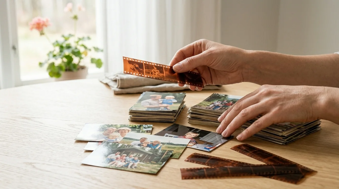 Händer som varsamt går igenom pappersbilder och en färgnegativremsa på ett ljust träbord