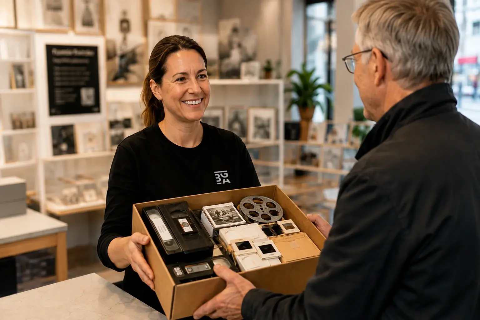 En kund lämnar in en kartong med videoband, diabilder och filmrulle i en BGA-butik.