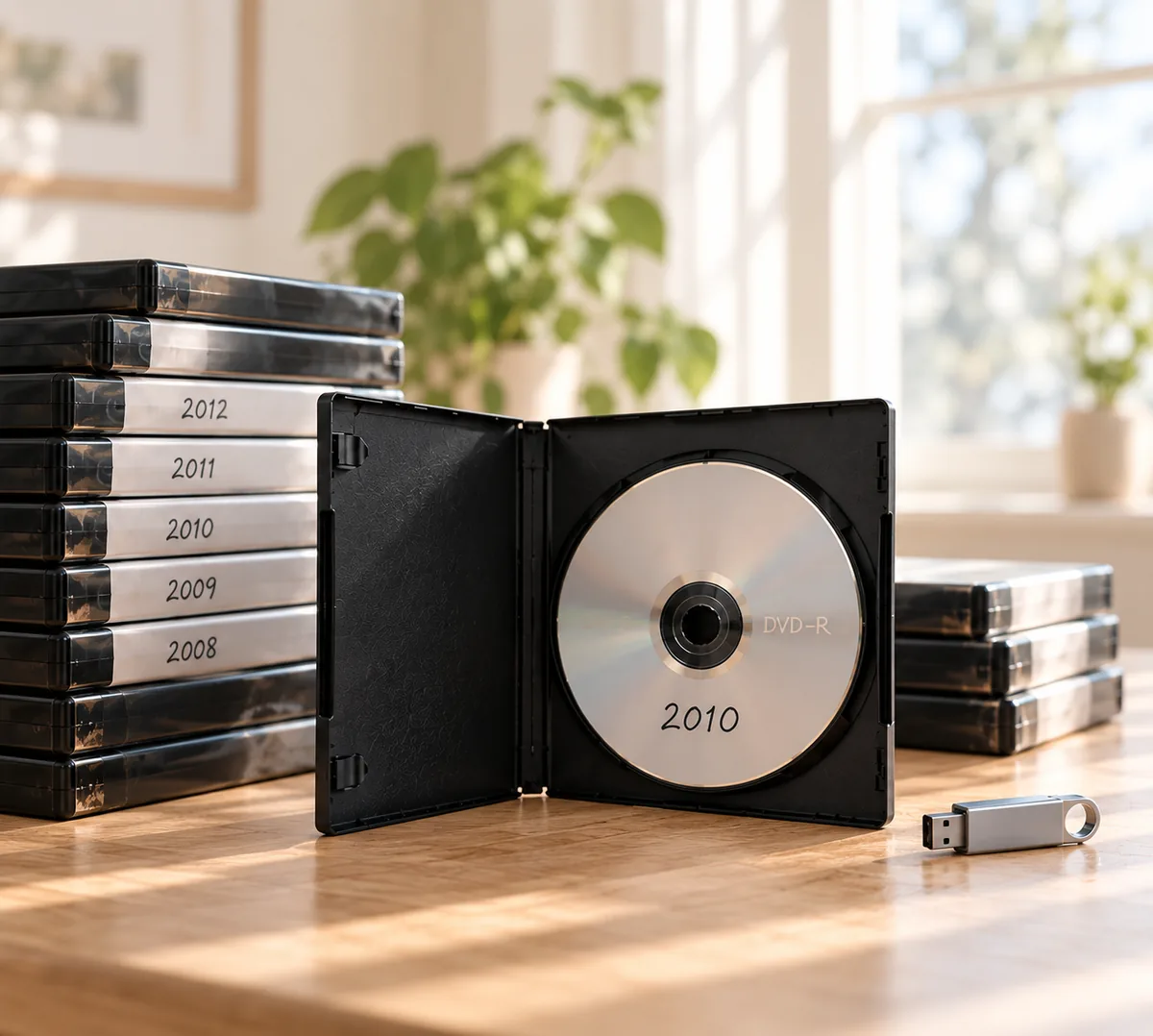 Ett öppet DVD-fodral med en hemmabränd skiva märkt 2010, bredvid en stapel DVD-fodral märkta med årtal och ett USB-minne
