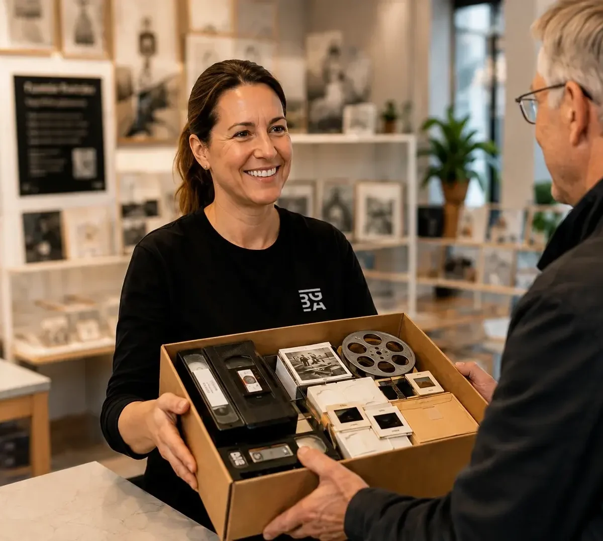 En kund lämnar över en låda med videoband, diabilder och filmrullar i en BGA-butik.