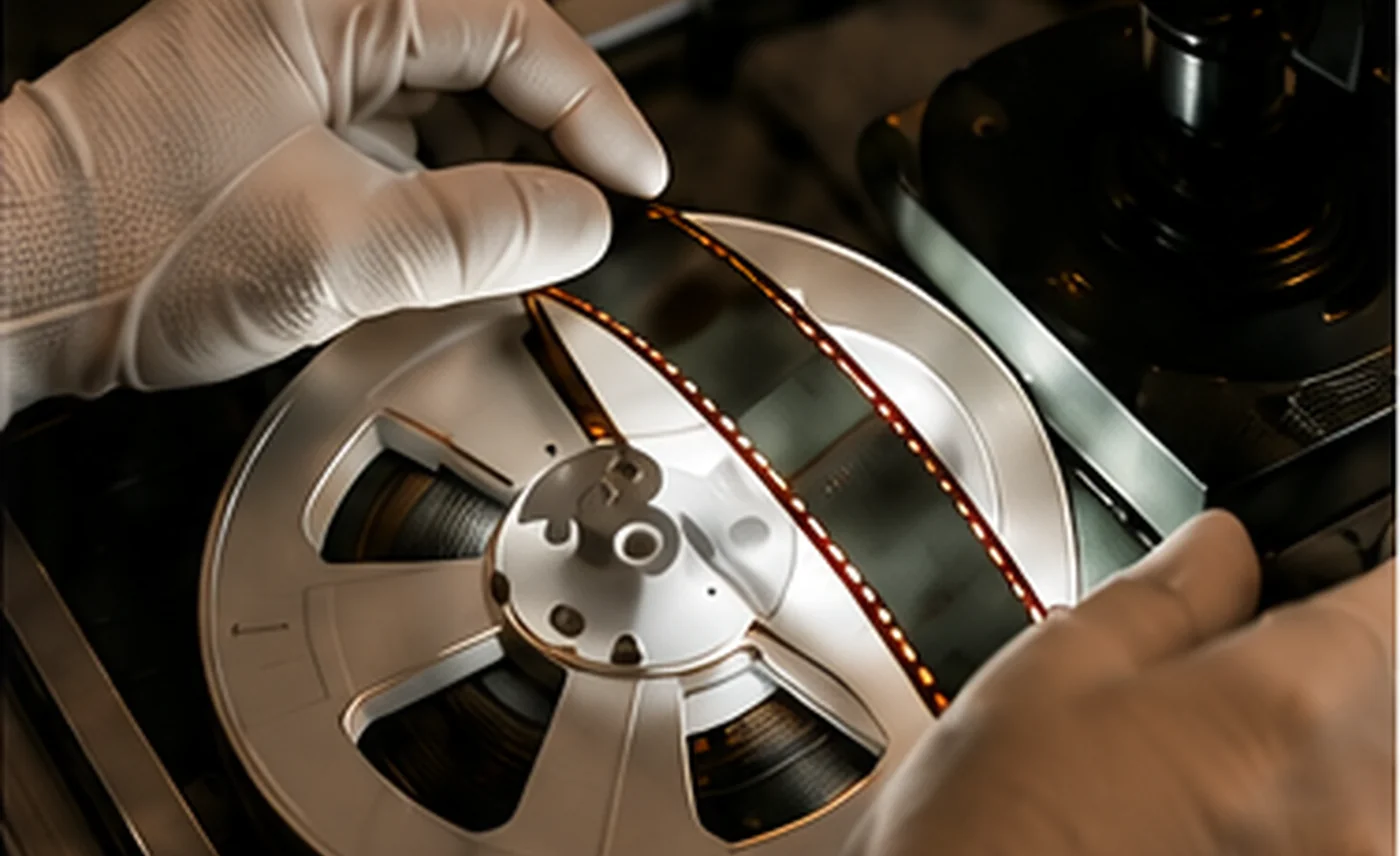 Händer med skyddshandskar hanterar en filmrulle vid digitalisering.